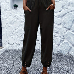 Button Decor Patched Pockets Pants Casual Loose Elastic Waist Comfy Solid Pants