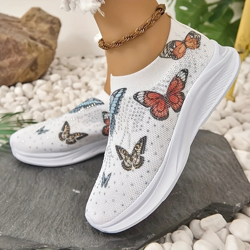 Women's Rhinestone Butterfly Print Running Sport Shoes Colorful Slip On Shoes