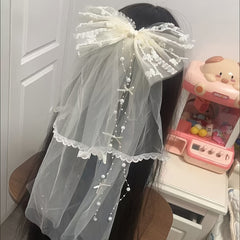 Double Layer Lace Bridal Veil with Large Satin Bow