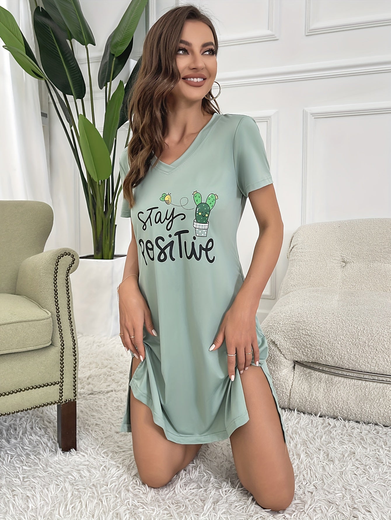 V Neck Side Split Sleep Dress Women's Sleepwear & Dresses