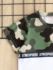 Boys Camo Outfit Set, Round Neck T-shirt & Pants, Kids Summer Clothing