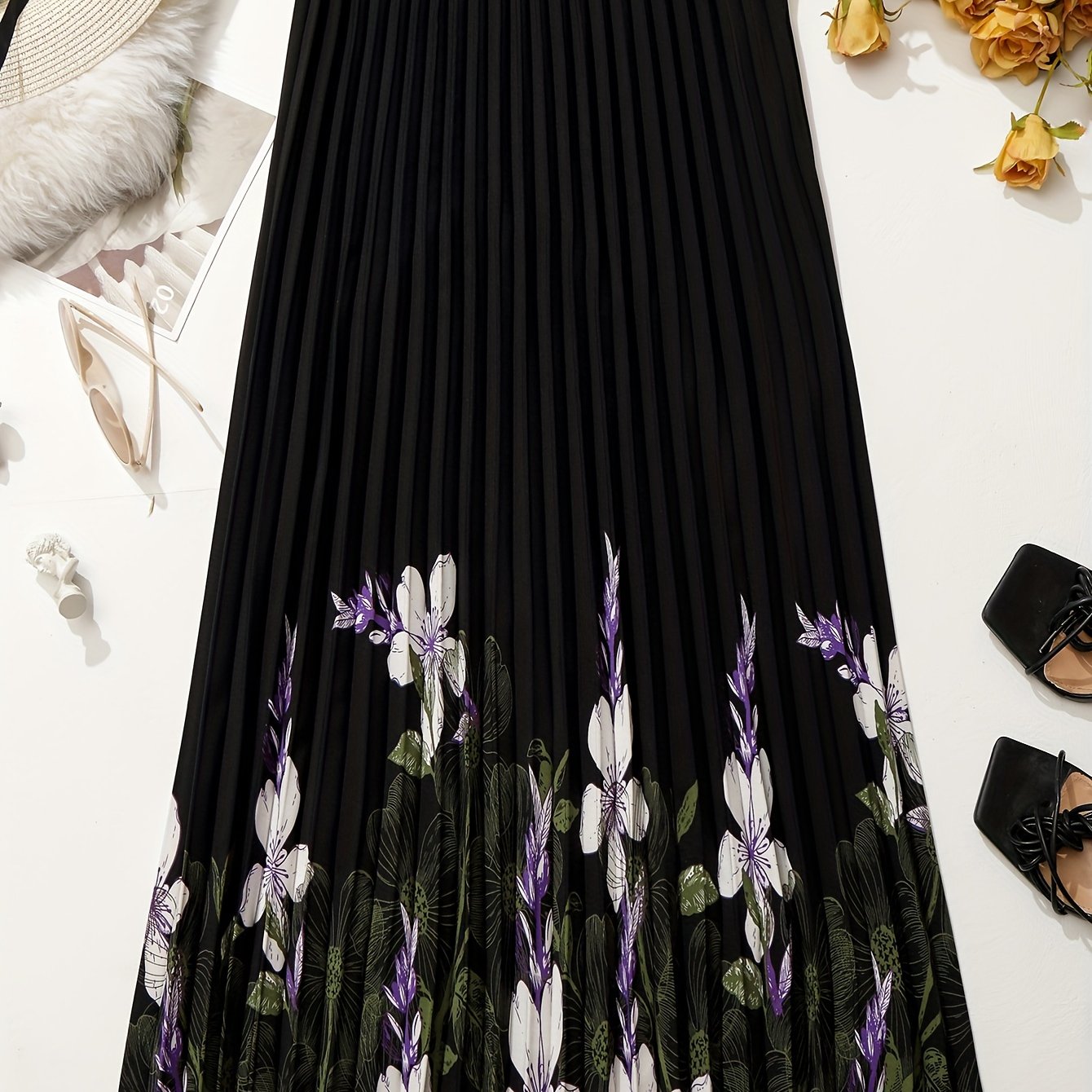 Women's Plus Floral Print Elastic Pleated Skirt