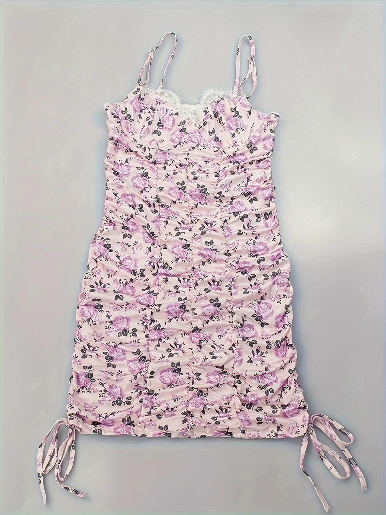 Floral Print Nightdress Lace Trim Ruched Sleep Dress