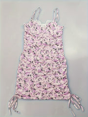 Floral Print Nightdress Lace Trim Ruched Sleep Dress