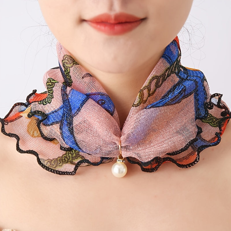 Mesh Scarf Colorful Print with Faux Pearl Pendant