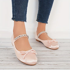 Women's Bow Mary Jane Rhinestone Flats Soft Sole Slip On Satin Shoes