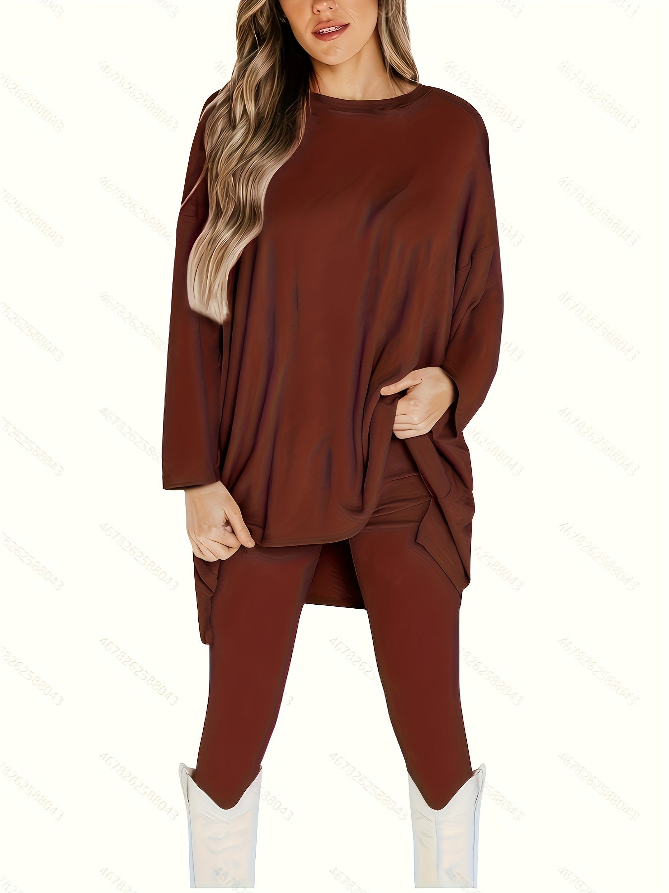 Solid Long Sleeve Top & Leggings Two Piece Set
