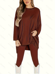 Solid Long Sleeve Top & Leggings Two Piece Set