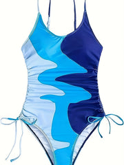 Colorblock Round Neck Lace-Up One Piece Swimsuit Plus Size