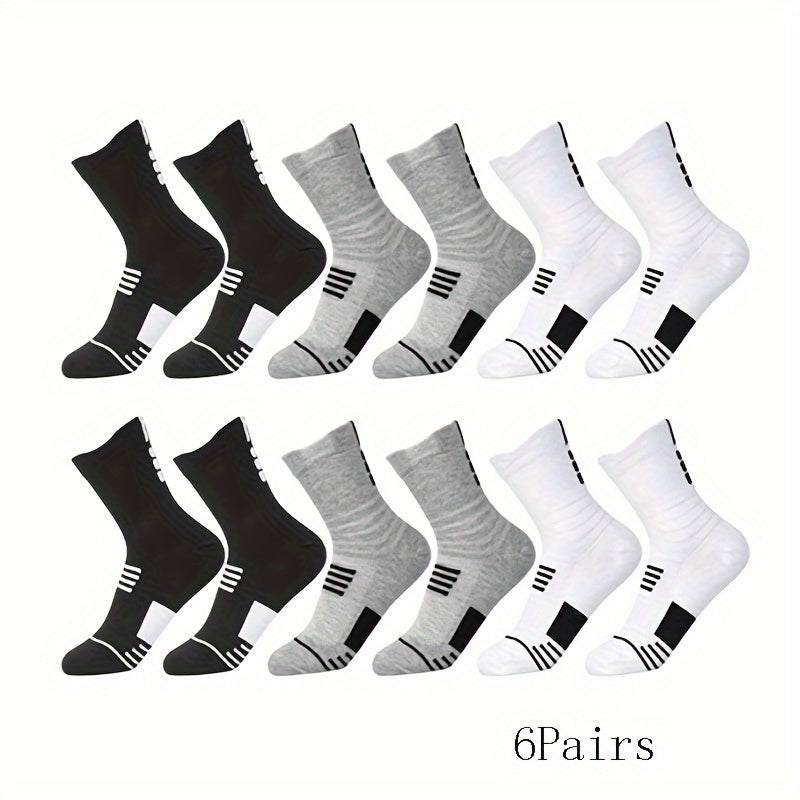 6 Pairs Men's Mid Crew Sport Socks Absorbent Breathable For Basketball Running