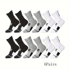 6 Pairs Men's Mid Crew Sport Socks Absorbent Breathable For Basketball Running
