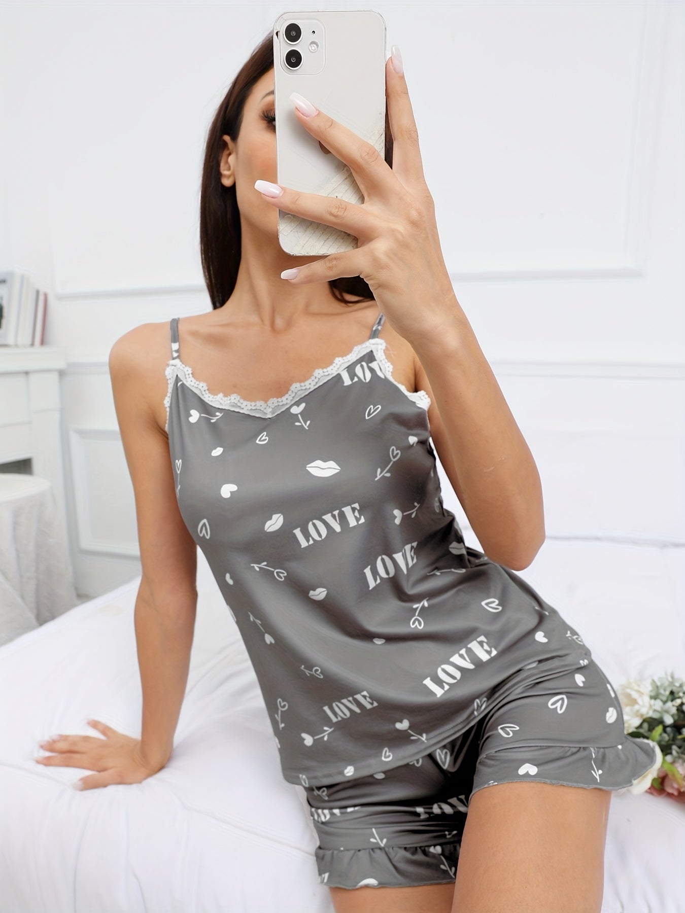 Heart & Letter Print Pajama Set with Lace Trim V Neck Cami Top & Ruffle Shorts