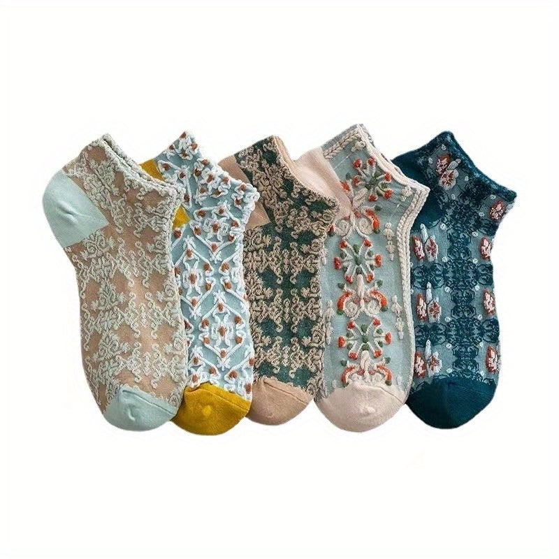 5 Pairs Retro Style 3D Textured Ankle Socks Women's Stockings