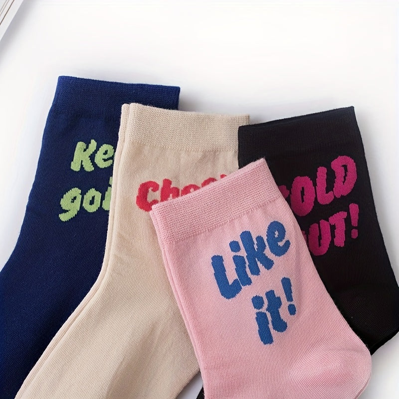 4 Pairs Letter Print Socks Women's Crew Stockings