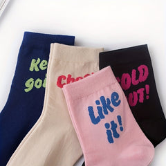 4 Pairs Letter Print Socks Women's Crew Stockings