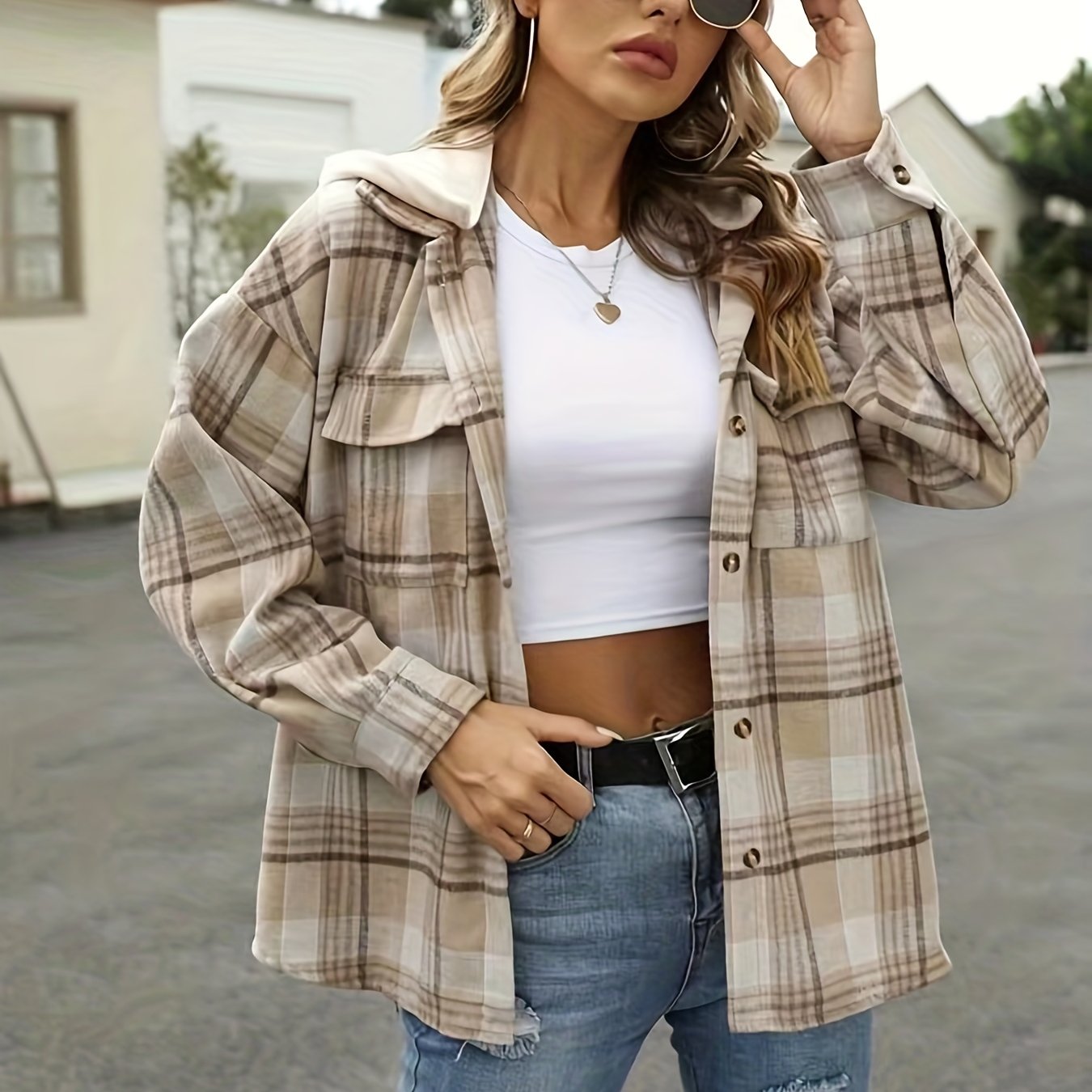 Plaid Flap Pockets Hooded Jacket for Fall & Winter