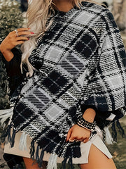 Plaid Print Sweater with Fringe Trim and V Neck