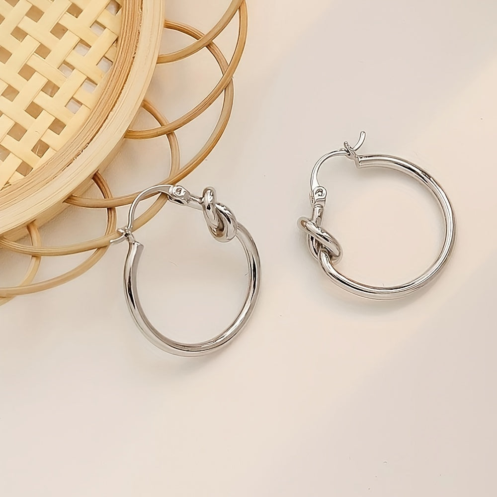 Silvery Knot Decor Hoop Earrings S925 Sterling Silver Needle Girls