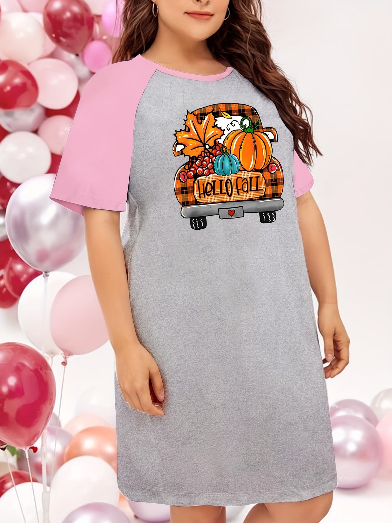 Plus Pumpkin & Plaid Car Print Raglan Sleeve Round Neck Tee Sleep Dress