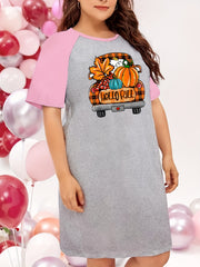 Plus Pumpkin & Plaid Car Print Raglan Sleeve Round Neck Tee Sleep Dress