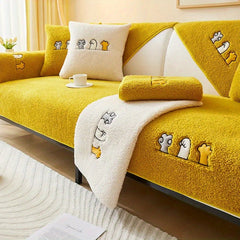 Winter Sherpa Cat Paw Sofa Slipcover Plush Embroidery Boho Furniture