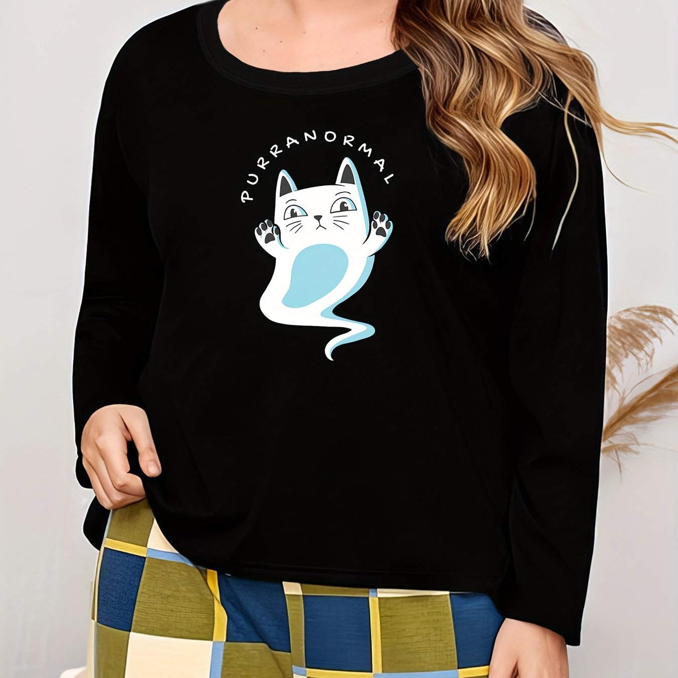 Ghost Print Halloween Lounge Top Women's Cat Long Sleeve