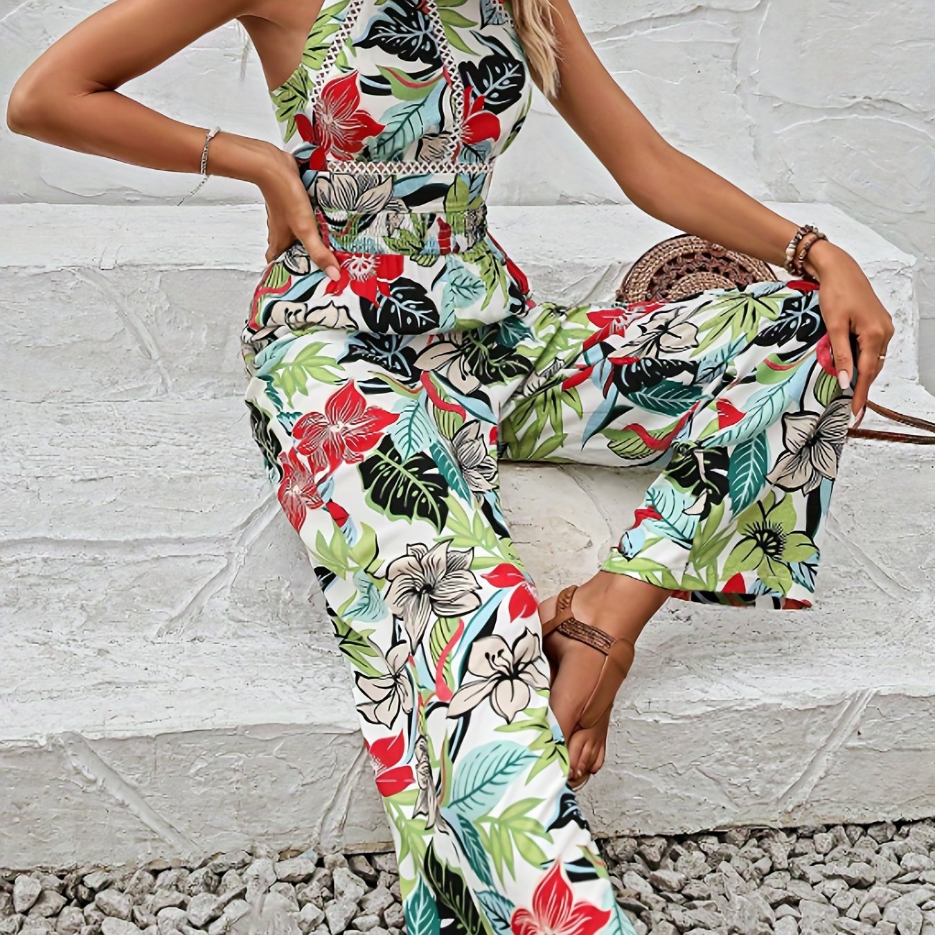 Tropical Print Backless Jumpsuit Sleeveless Wide Leg Women's Clothing