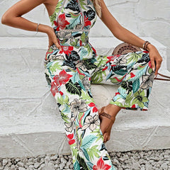 Tropical Print Backless Jumpsuit Sleeveless Wide Leg Women's Clothing
