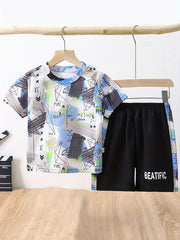 2pcs Boys Graffiti Short Sleeve Tees & Short Set Summer Kids Outfits