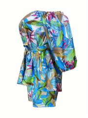 Leaves Print Off Shoulder Blouse & Shorts Set