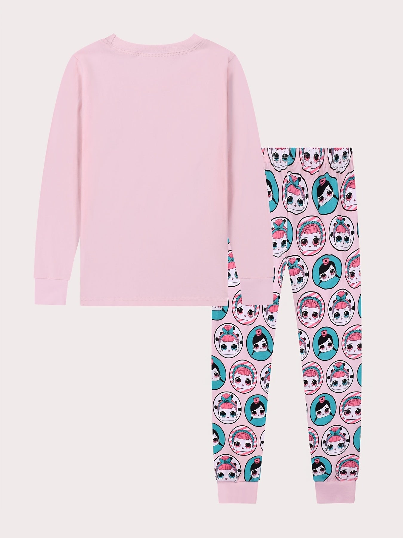 Cartoon Girl Print Kid's Pajama Set Long Sleeve Top & Pants Comfy PJ Loungewear
