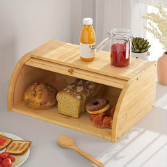 Large Natural Bamboo Roll Top Bread Box For Kitchen Countertop