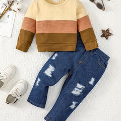 2pc Toddler Boys Colorblock Pullover Top & Ripped Jeans Set