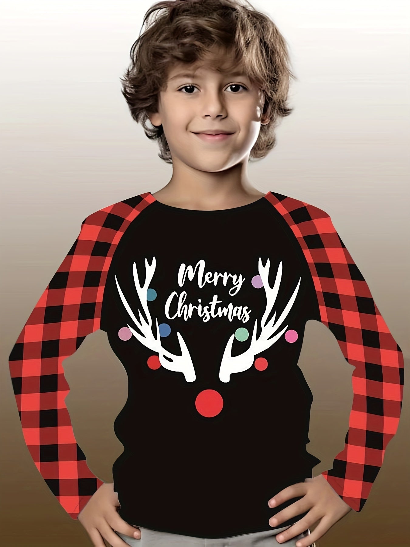 Christmas Reindeer Print Boys T-Shirt Long Sleeve Holiday Tee