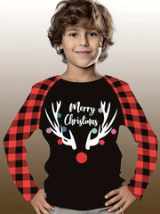 Christmas Reindeer Print Boys T-Shirt Long Sleeve Holiday Tee