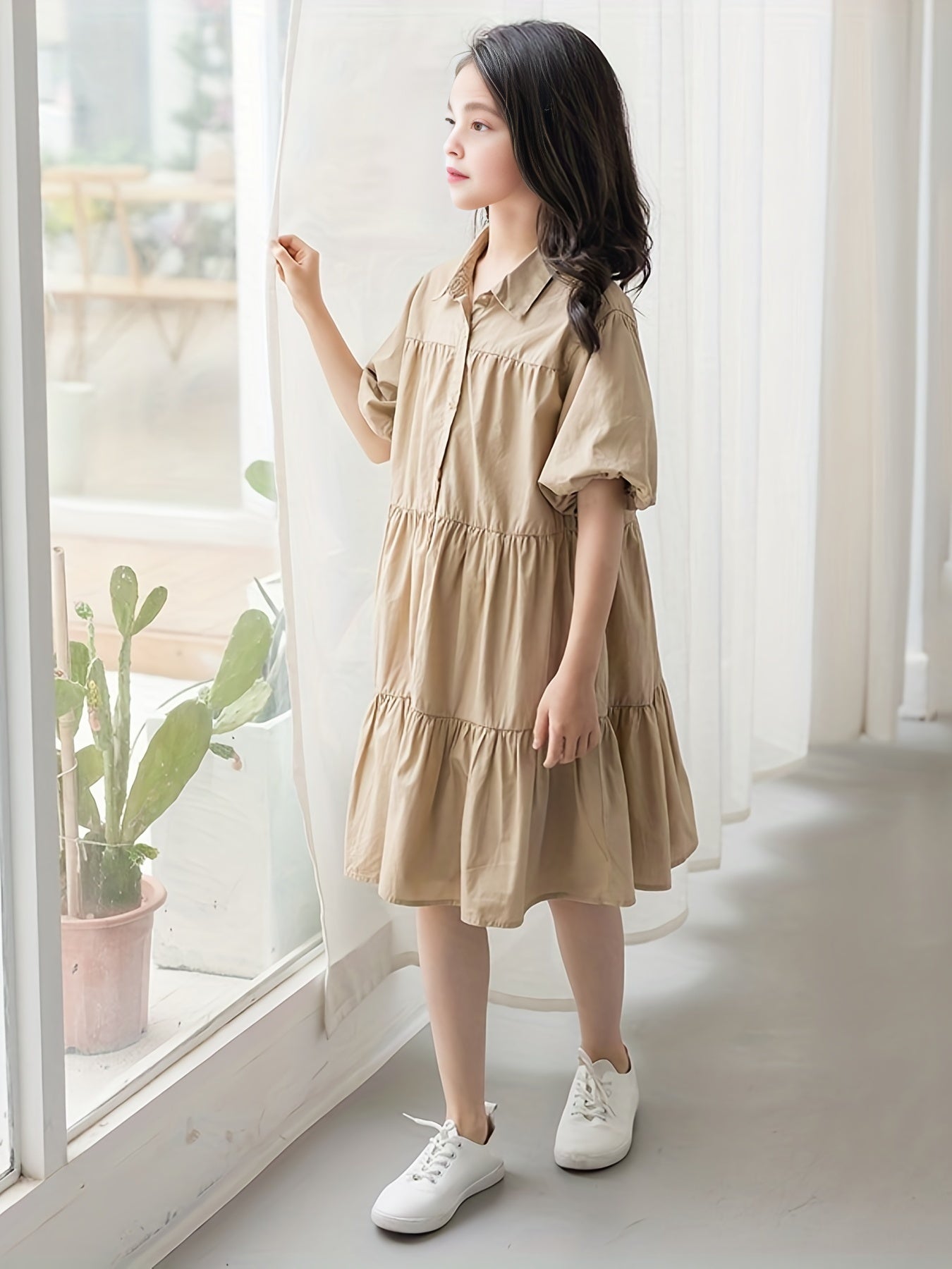 Cotton Puff Sleeve Lapel Dress for Girls