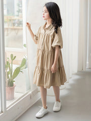 Cotton Puff Sleeve Lapel Dress for Girls
