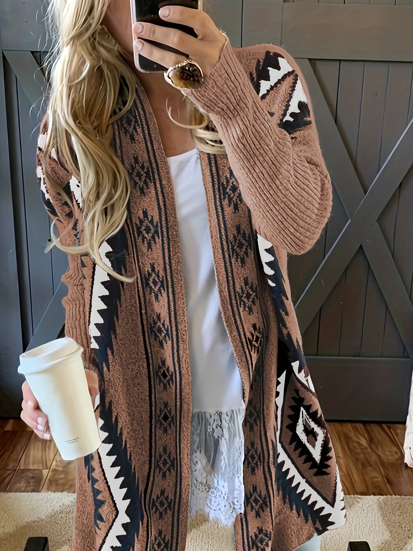 Ethnic Pattern Open Front Cardigan Casual Long Sleeve Mid Length Cardigan