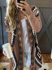 Ethnic Pattern Open Front Cardigan Casual Long Sleeve Mid Length Cardigan