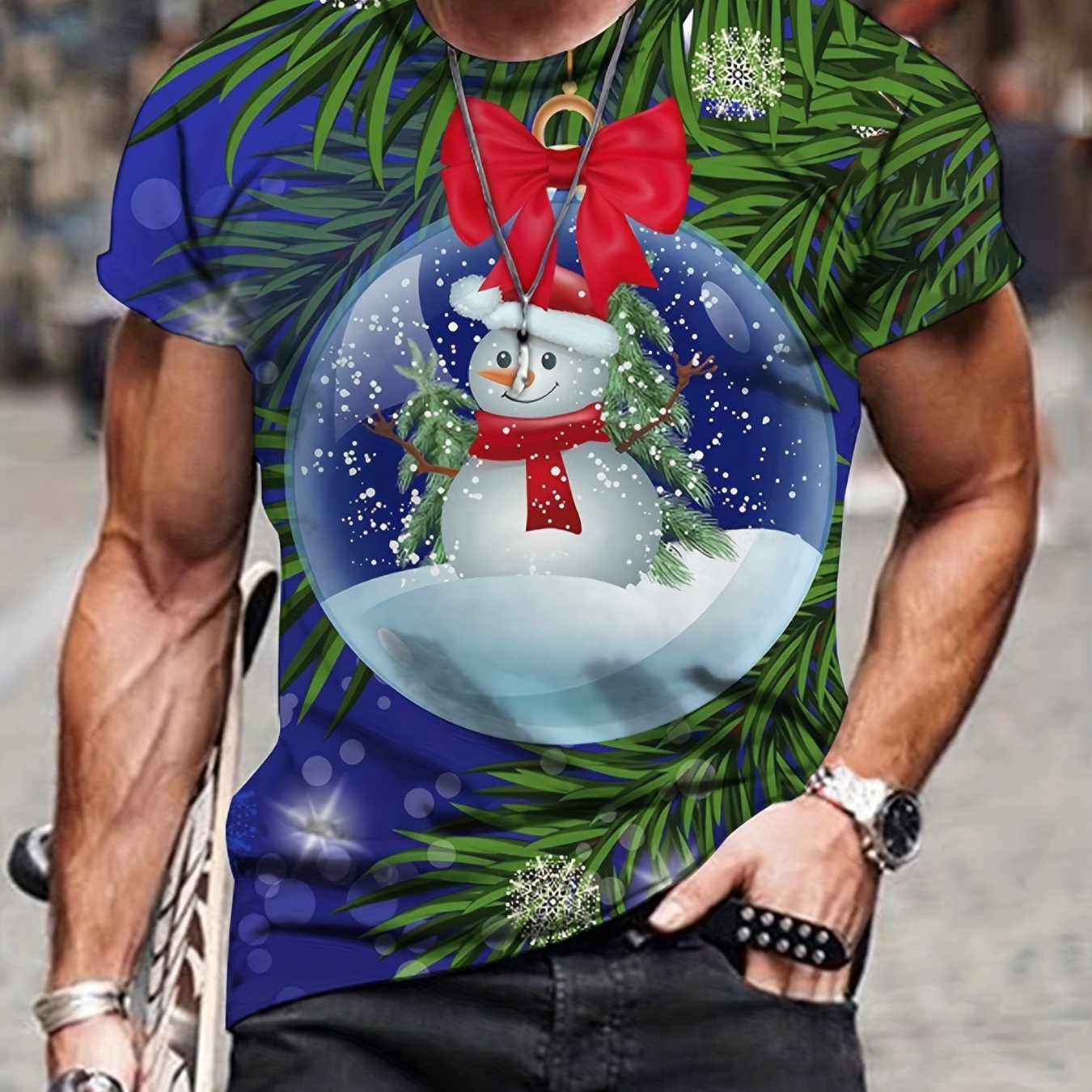 Christmas Snowman Leaves Print Men's Comfy Sports T shirt Graphic Tee