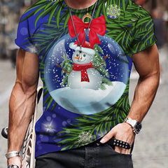 Christmas Snowman Leaves Print Men's Comfy Sports T shirt Graphic Tee