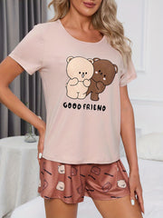 Bear Print Lounge Set Short Sleeve Top & Elastic Shorts