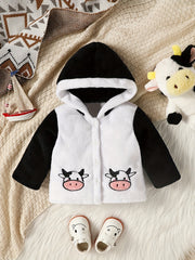 Toddler Bay Girls Hooded Plush Cow Embroidered Button Coat