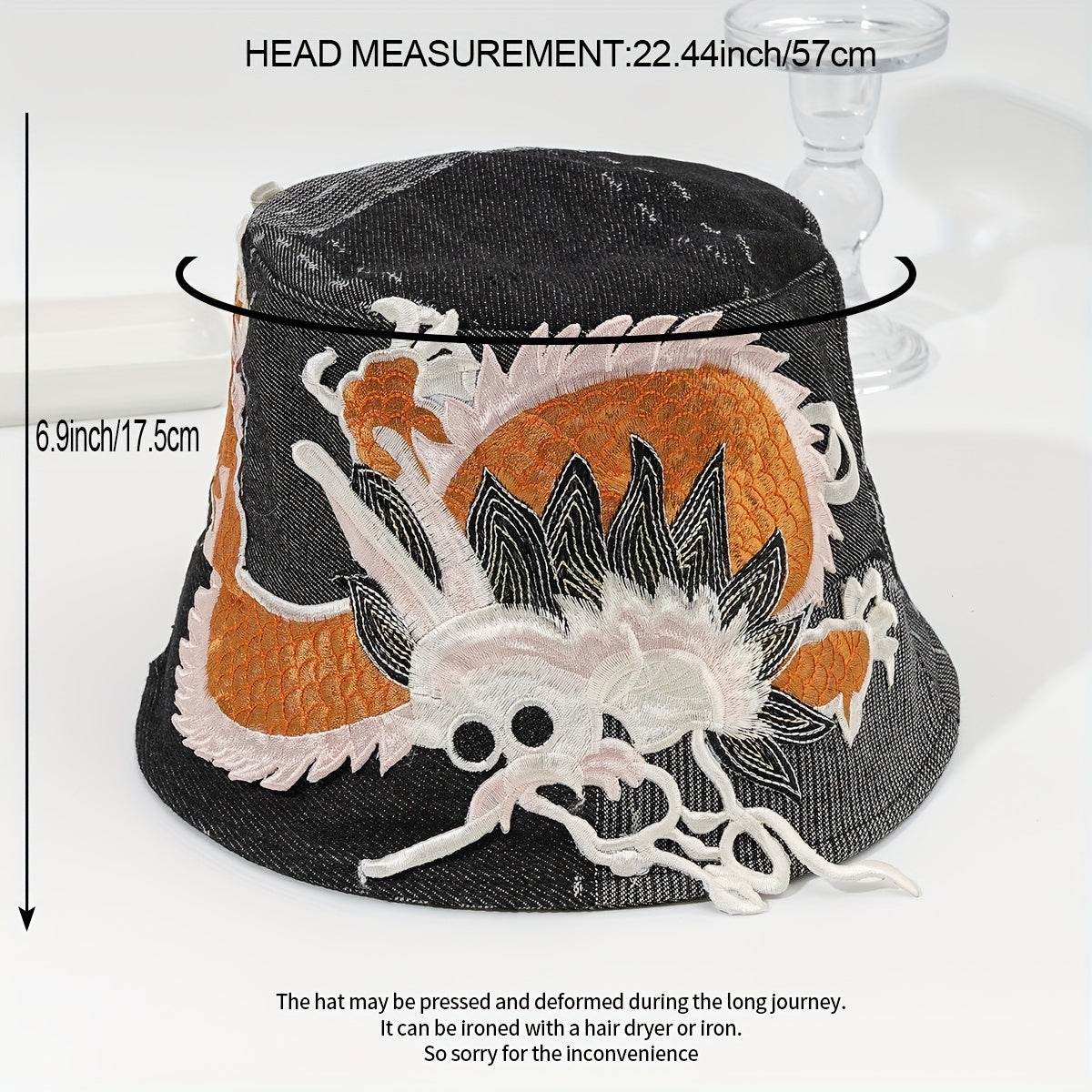 3D Dragon Embroidery Bucket Hat Denim Vintage Basin Hat