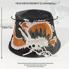 3D Dragon Embroidery Bucket Hat Denim Vintage Basin Hat