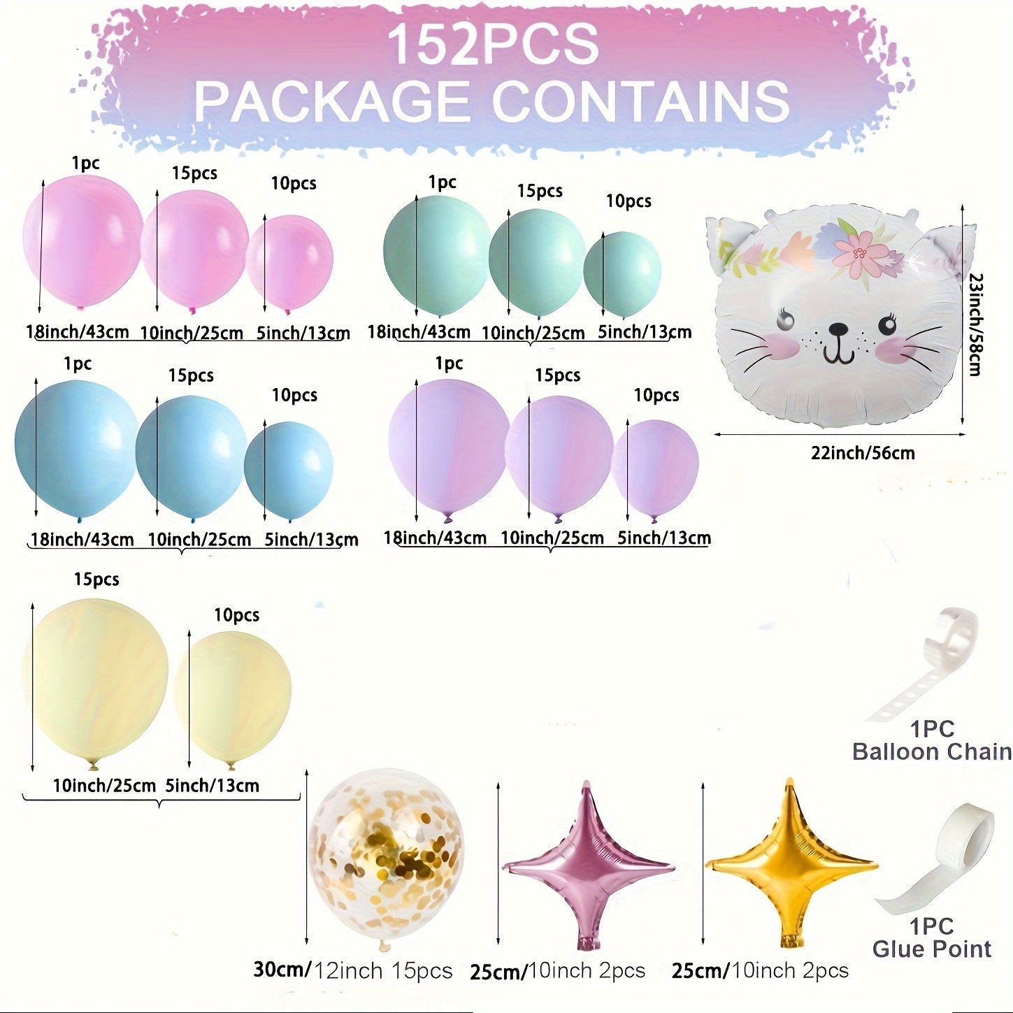152pcs Macaron Colorful Aluminum Foil Balloon Set