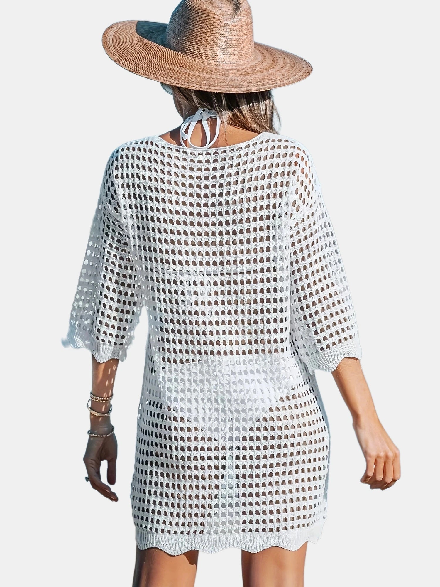Scallop Trim Criss Cross Cover Up Dress Solid Tie Front 3 4 Sleeve