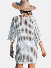Scallop Trim Criss Cross Cover Up Dress Solid Tie Front 3 4 Sleeve