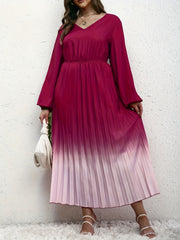 Ombre Print Long Sleeve V Neck Pleated Dress