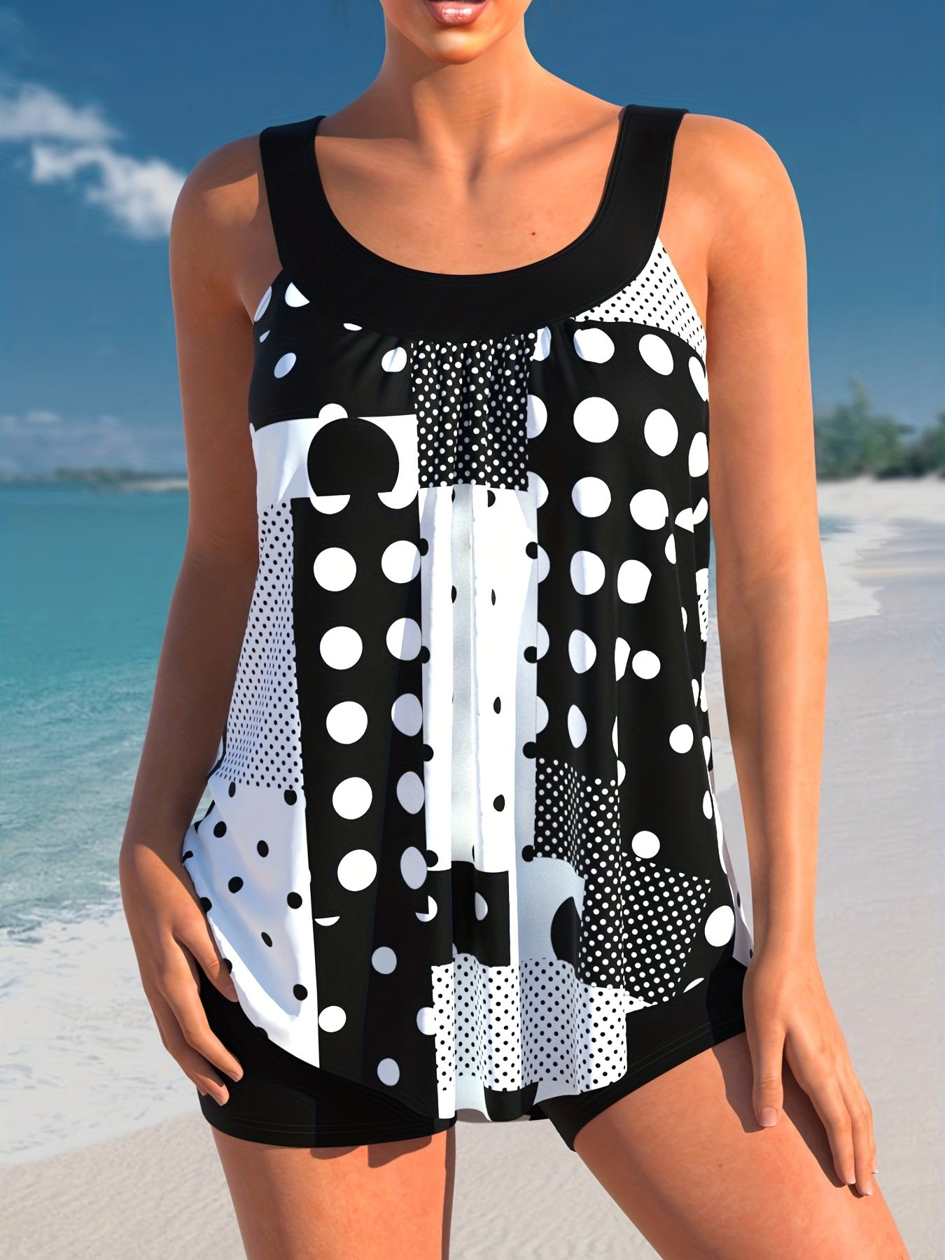 Polka Dot Tankini Set Round Neck Top & Shorts Swimsuit 2 Piece Set